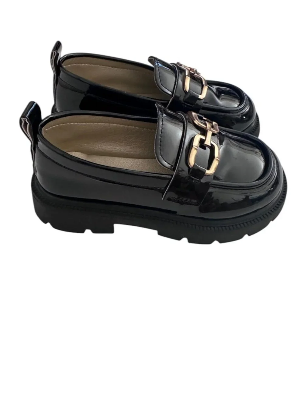 Zara Kids Black Patent Chunky Loafers Gold Buckle Size 30 (US 12)